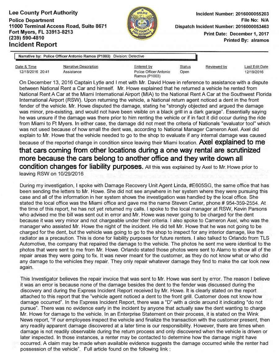 Official Lee County Port Authority Police report with National Car manager's confession