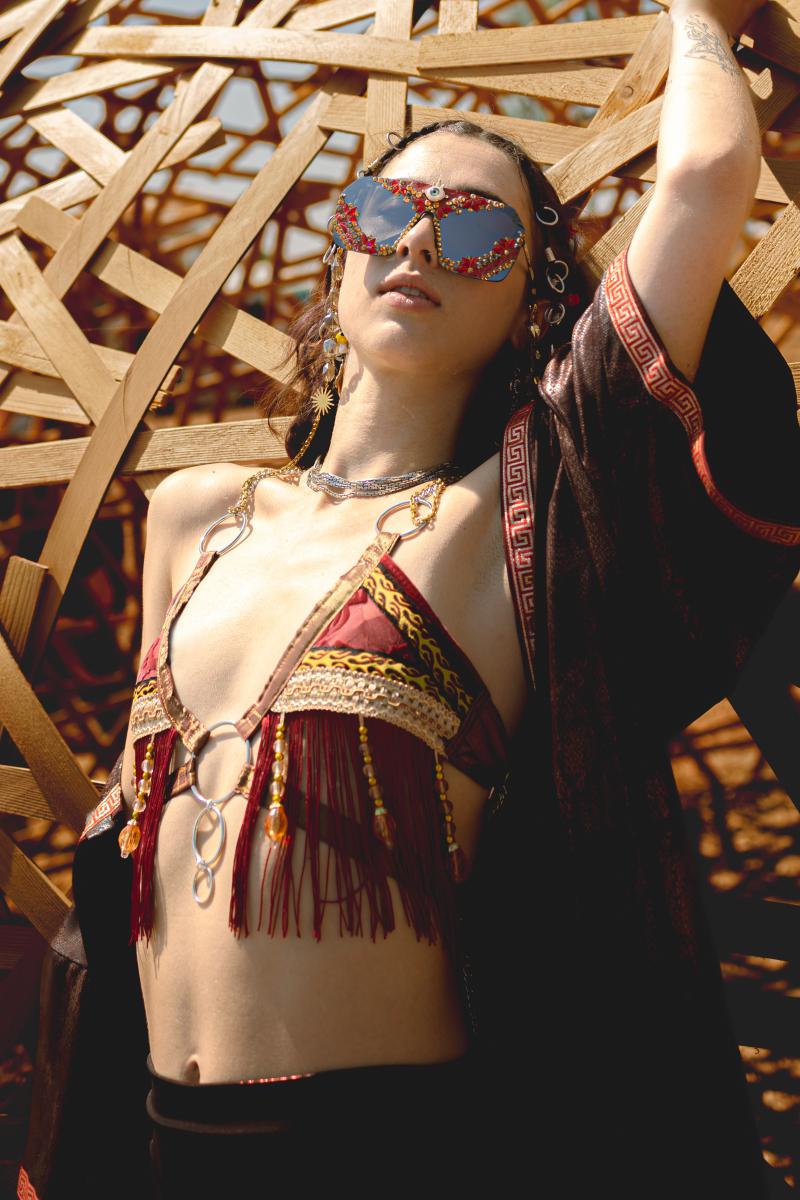 Image: Medusa Complex designer and model Melina Saxon wearing Medusa Complex Siris Sidewinder Duster Top with Ephyra Up-cycled Bra Top. Photo Credit: Jacob Cardell.
