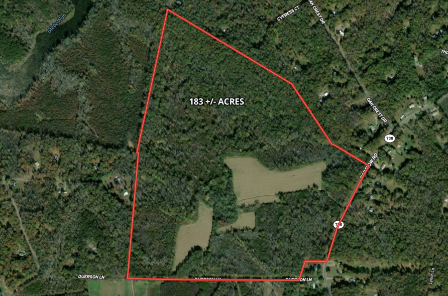 183 +/- acres of timber & tillable land on Partlow Rd. & Duerson Ln. in Spotsylvania County, VA •	2,250' +/- of frontage on Duerson Ln. and 1,370' +/- of frontage on Partlow Rd.