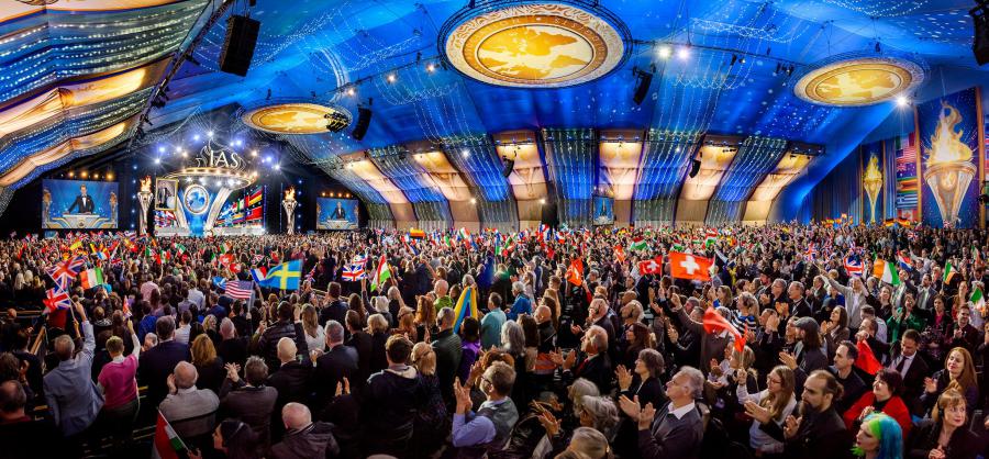 SCIENTOLOGISTS FILL THE GRAND MARQUEE with unbridled cheers as Mr. Miscavige recounts each unforgettable IAS milestone accomplishment of the last four years