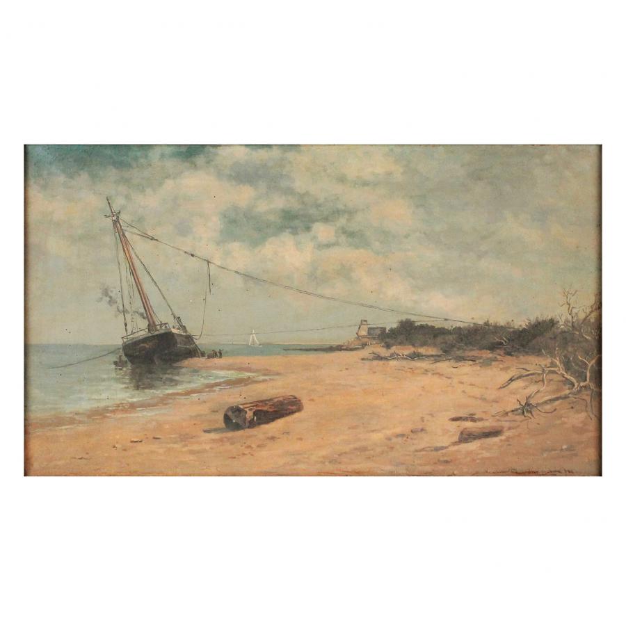 Oil on canvas shipwreck painting by Frank H. Shapleigh, titled Wreck on Anastasia Island, St. Augustine, Florida. Estimate: $20,000-$40,000.