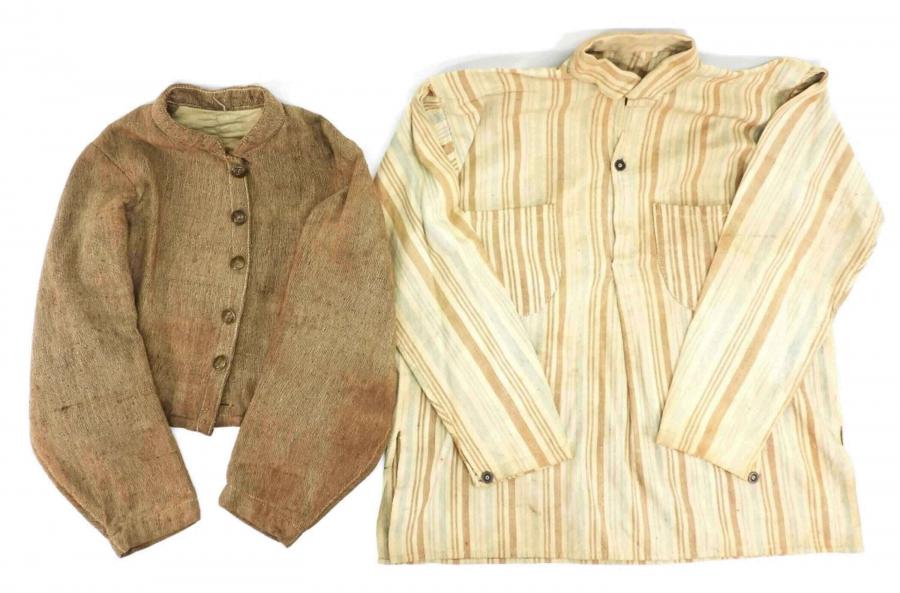 Confederate Louisiana light gray brown jean cloth jacket and an issue striped cotton shirt with two breast pockets. Both clothing items are in excellent condition (est. $30,000-$40,000).