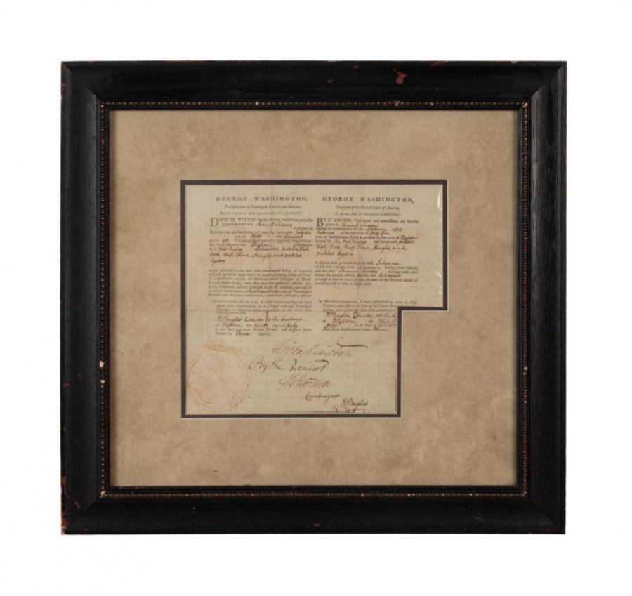 Rare letter signed by George Washington (as President) and Thomas Jefferson (as Secretary of State) is a four-language cut ship document dated July 9, 1793 (est. $5,000-$10,000).
