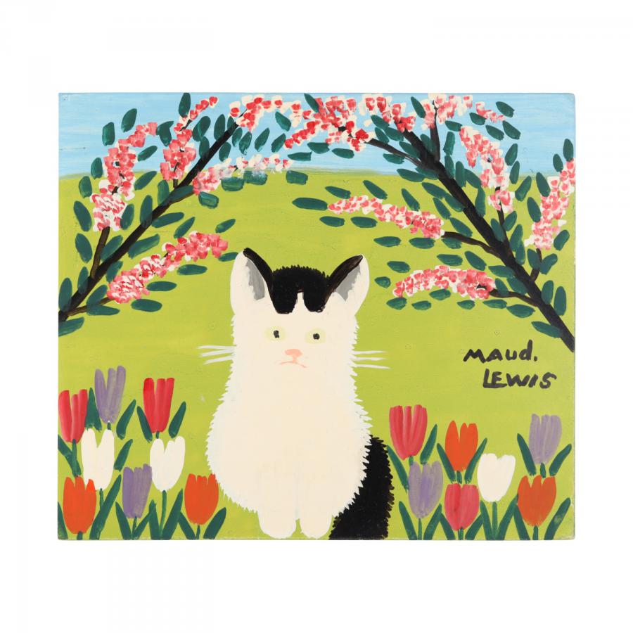 Mixed media on beaver board painting by Maud Lewis (1901–1970), titled Black and White Cat (circa 1966), signed, 12 inches by 13 ¾ inches (less frame) (est. CA$30,000-$35,000).