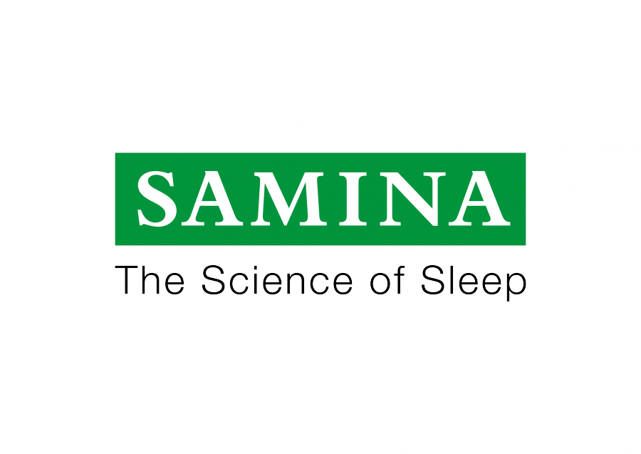 SAMINA in white letters inside of green box with tagline the Science of Sleep