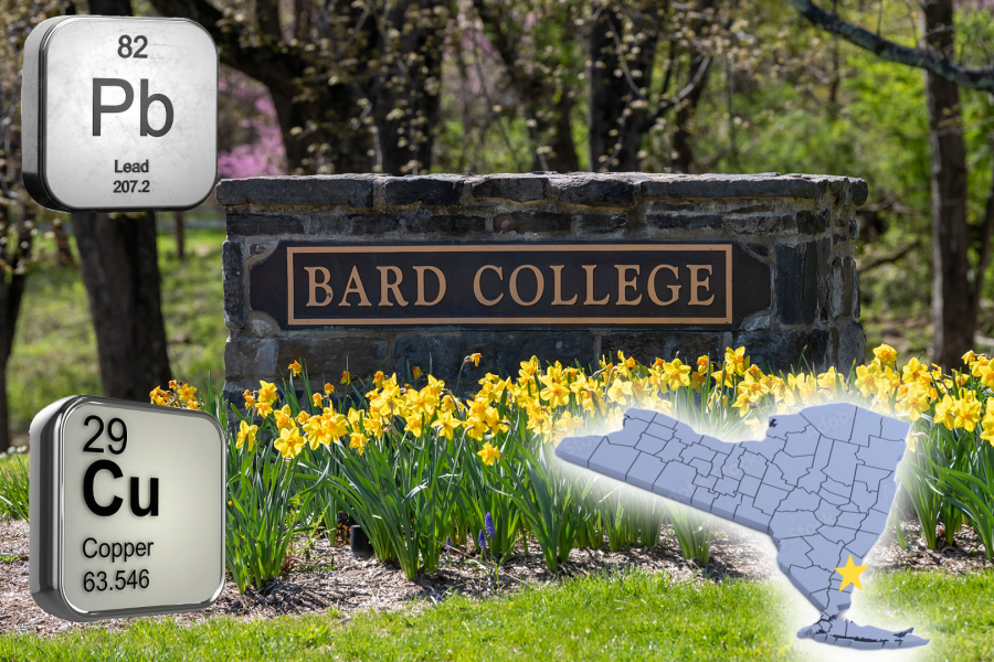 Bard College logo with lead and copper Periodic Table Element and University location on New York map.