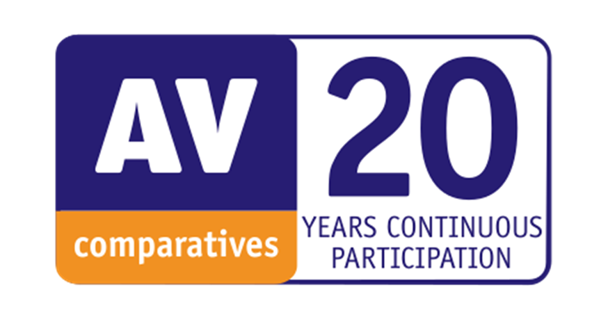 AV-Comparatives certification with logo plus text on the left side for 20 years continuous participation of the vendors