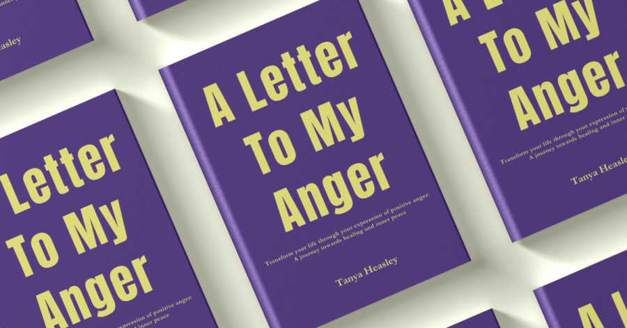 A collection of 'A Letter to My Anger' books by Tanya Heasley with purple covers, featuring the title and subtitle in bold yellow letters, symbolizing a transformative journey towards healing and inner peace.