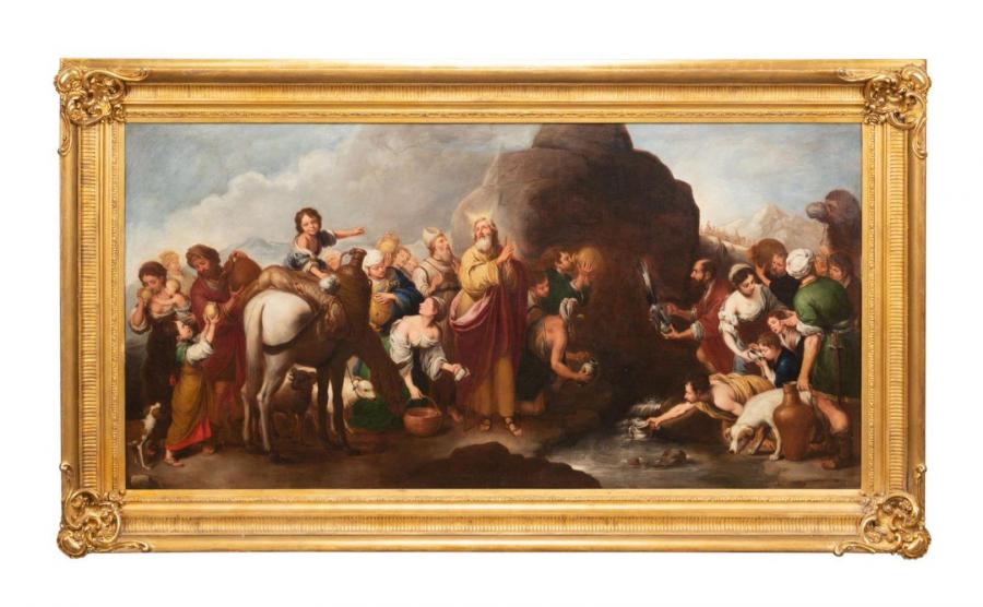 Monumental 19th century Old Master style oil on canvas Old Testament Biblical figural scene after Bartolome Esteban Murillo (Spanish, 1617-1682), titled Moses at the Rock of Horeb (est. $8,000-$12,000).