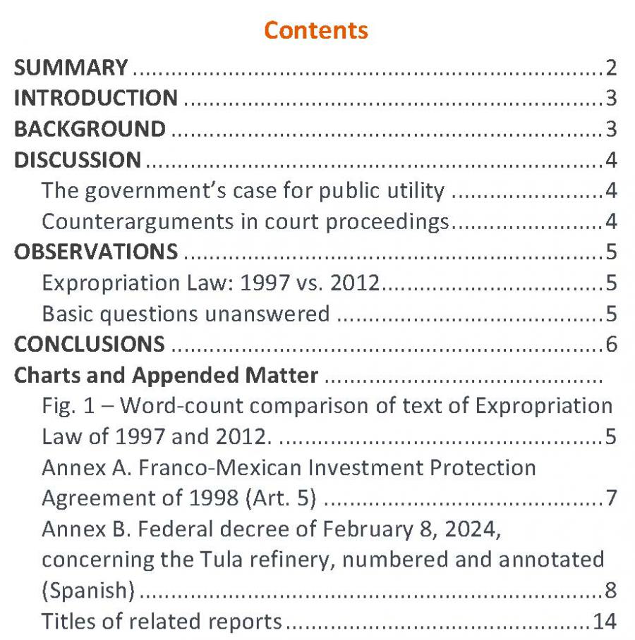 Table of contents of MEI 980, showing the sections of the report and the titles of appended matter.