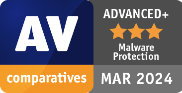 AV-Comparatives certification for the highest level Advanced+ for Malware Protection Test in March 2024.