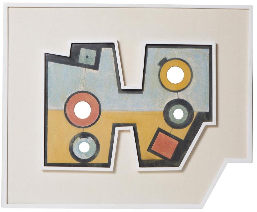 This oil and mixed media on shaped board by Carmelo Arden Quin (Uruguayan/Paris, 1913-2010), titled Couronnes (1948), has an estimate of $8,000-$12,000.