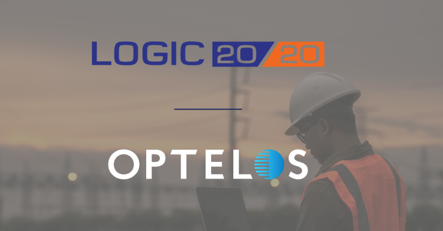 An overlay image of Logic20/20 and Optelos logos over a utility inspector glancing at a computer in front of powerlines.