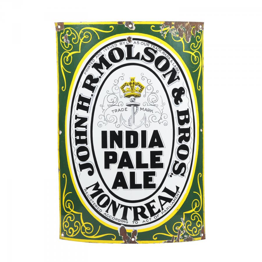 Early and exquisite John H.R. Molson and brothers single-sided porcelain Montreal India Pale Ale corner sign (Canadian, 20th century), 24 inches by 16 ½ inches (est. CA$9,000-$12,000).