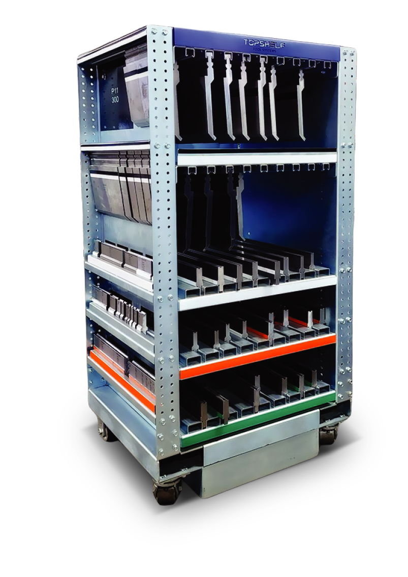A fully equipped Top Shelf Tool System Tool Tower, showcasing various shelves loaded with press brake tooling. The tower features an organized array of tools arranged by size and type on multiple levels, each clearly visible and accessible. It includes a