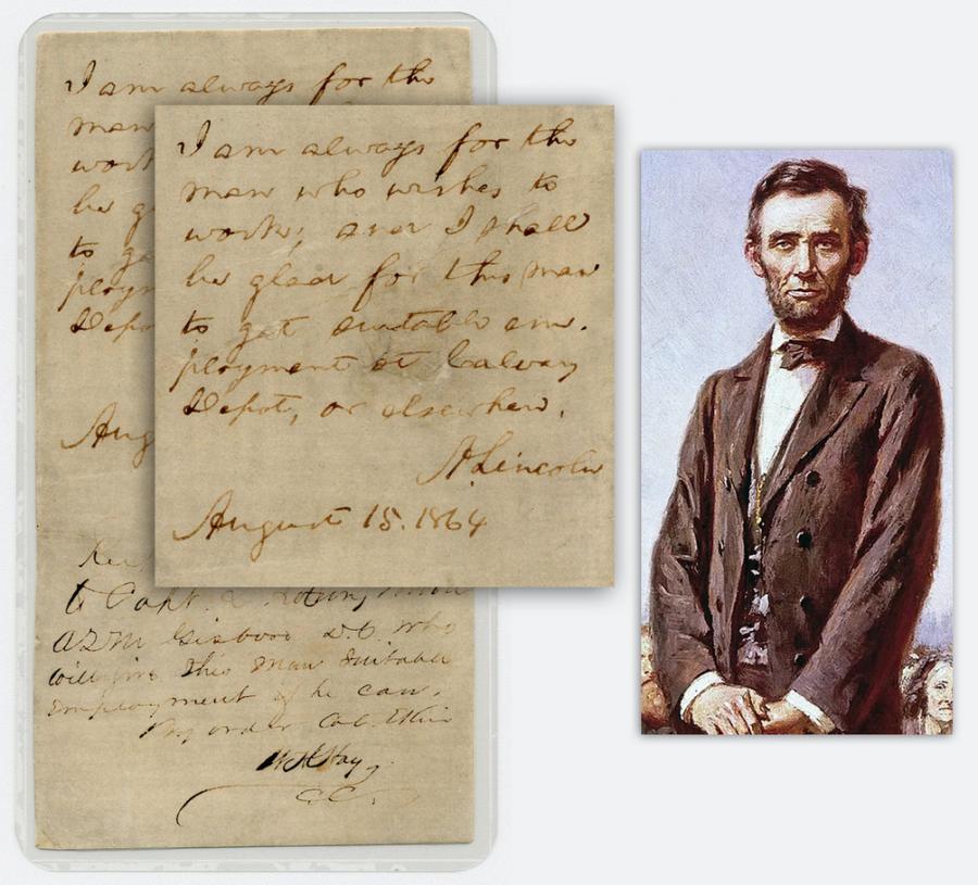 An 1864 autograph endorsement signed by President Abraham Lincoln, reaffirming the value of hard work. The job recommendation may have been for a recently freed slave (est. $18,000-$24,000).