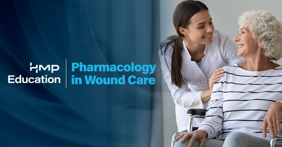 Stock image of healthcare professional; Pharmacology in Wound Care logo