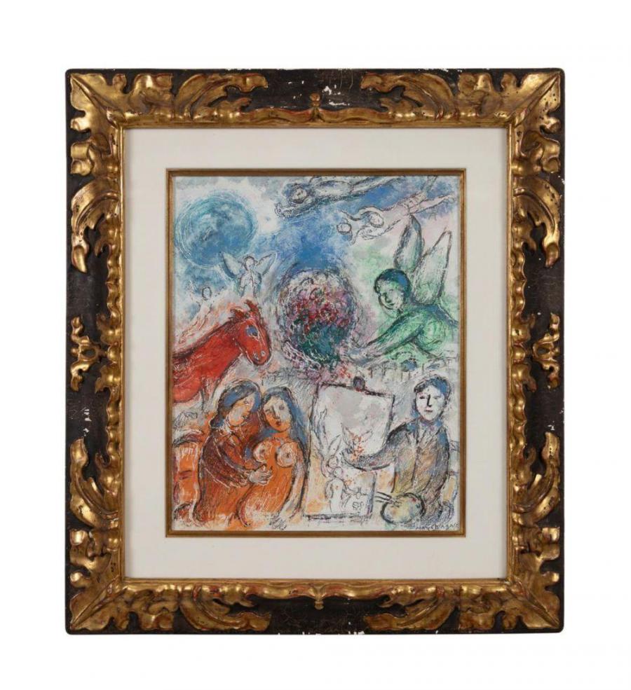 The French/Russian artist Marc Chagall’s (1887-1985) signed 1980 tempera on Masonite work, titled Peintre, Ange et Amoreaux (Painter, Angel and Lover), is expected to realize $200,000-$300,000.