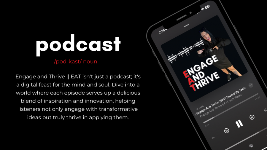 Black background, an iPhone mock up on the right hand side showing a screenshot of a podcast called Engage And Thrive. On the left side of the image is a description of what Engage And Thrive is as a podcast.