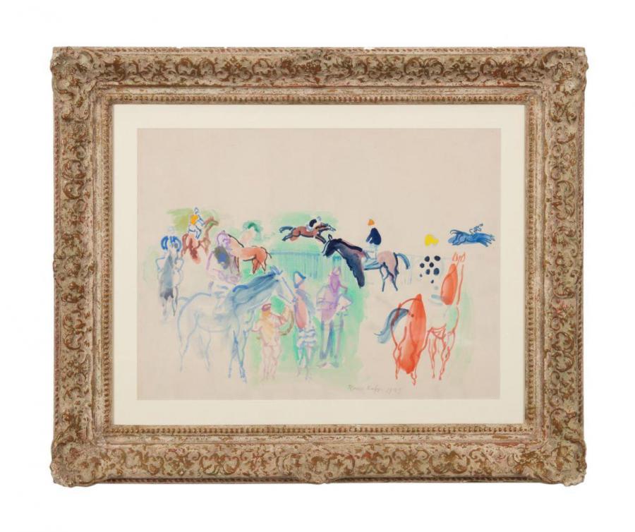 The several paintings in the sale by Raoul Dufy (French, 1877-1953) included this gouache and watercolor on paper titled Cheveaux de Courses (Racing Horses), titled and signed ($78,700).