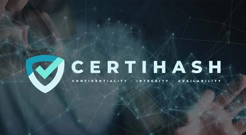 The image features the logo and name of "Certihash" with a tagline beneath it stating "Confidentiality - Integrity - Availability." The logo includes a shield with a checkmark, symbolizing security and verification. The background has a network of connect