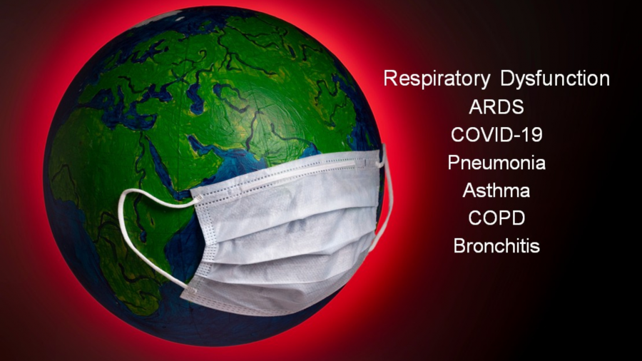 Globe with mask and respiratory conditions listed.