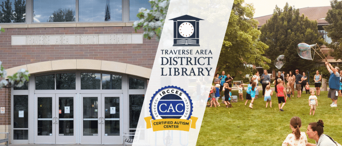 A photo of Traverse Area District Library front door entrance in the left side and a photo of diverse group of individuals enjoying a sunny day in the park, gathered around a majestic, towering tree in the right side.