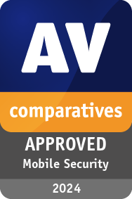 Certification with logo for approved products of AV-Comparatives Mobile Security Test 2024