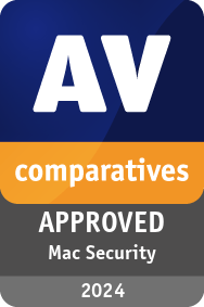 Certification with logo for approved products of AV-Comparatives Mac Security Test 2024