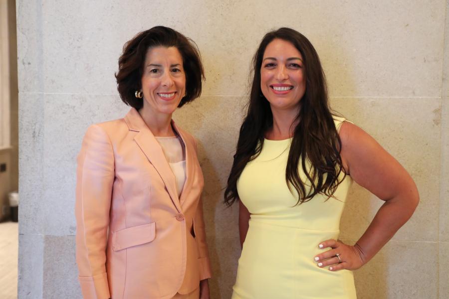 US Secretary of Commerce Gina Raimondo (L) joins Rogue Valley Microdevices CEO Jessica Gomez (R) to celebrate CHIPS Act proposed direct funding
