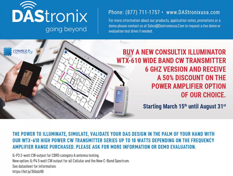 Consultix WTX-610 ILLUMINATOR CW DAS Commissioning Test Transmitter 200 MHz 6 GHz  2, 5, 10 Watt PA Promo from DAStronix