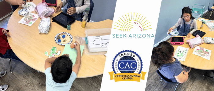 Children engaging in arts and crafts at a table with SEEK Arizona and IBCCES Certified Autism Center™ logos displayed.