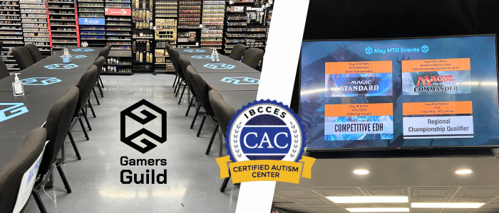 Gamers Guild AZ's setup with tables and chairs on the left side, the IBCCES Certified Autism Center™ logo in the middle, and a screen displaying MTG events on the right side.