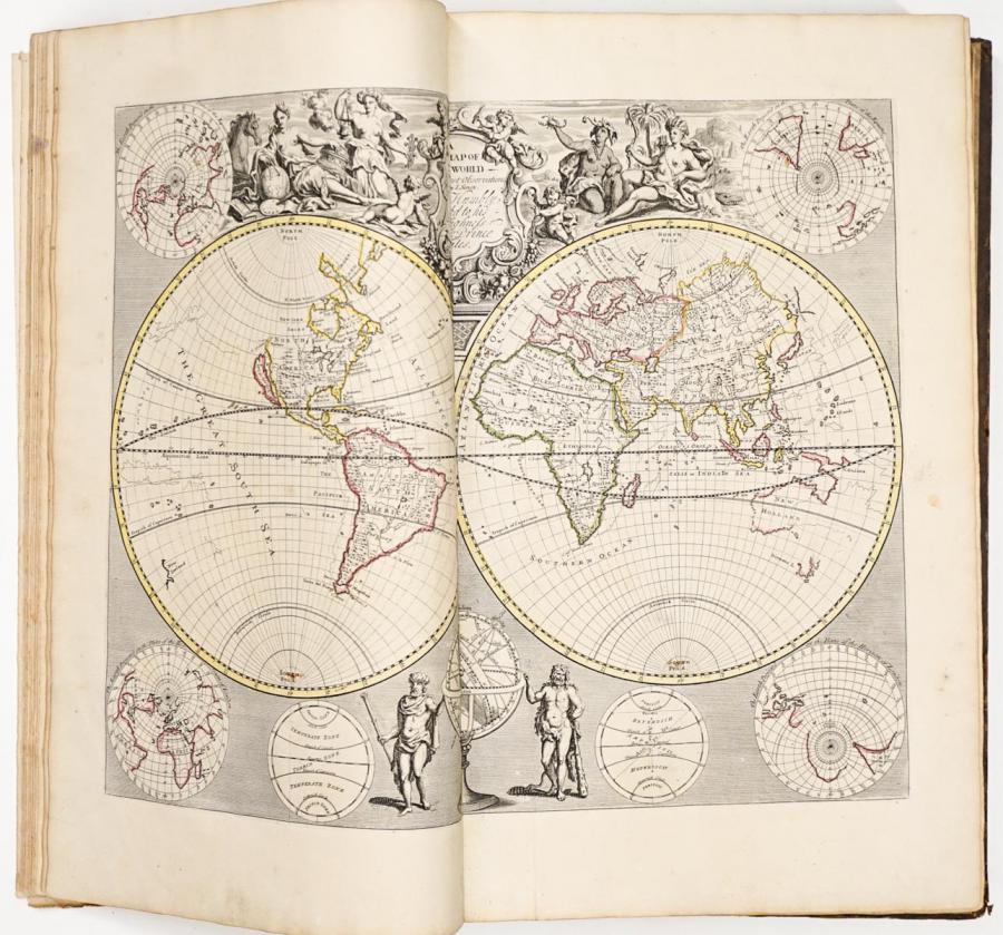 Copy of A New General Atlas, Containing a Geographical and Historical Account of All the Empires, Kingdoms and Other Dominions of the World, by John Senex, published in London in 1721 (est. $12,000-$18,000).
