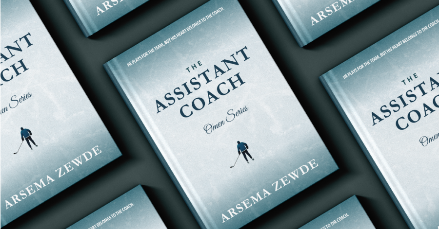 Book cover of “The Assistant Coach” by Arsema G. Zewde, featuring a blue gradient background with a silhouette of a hockey player.