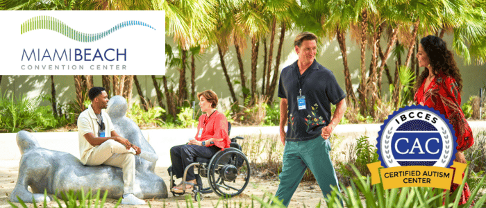 People of diverse abilities enjoy the outdoor area of the Miami Beach Convention Center, which has earned the IBCCES Certified Autism Center™ (CAC) designation.