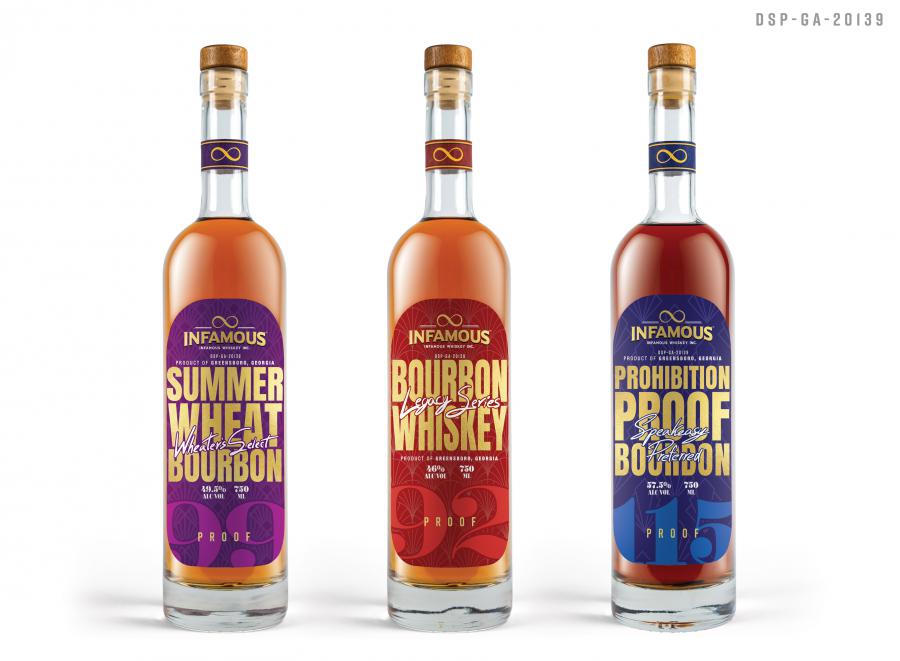 Infamous Whiskey's forthcoming bourbon lineup includes Summer Wheat Bourbon, Bourbon Whiskey, and Prohibition Proof Bourbon.