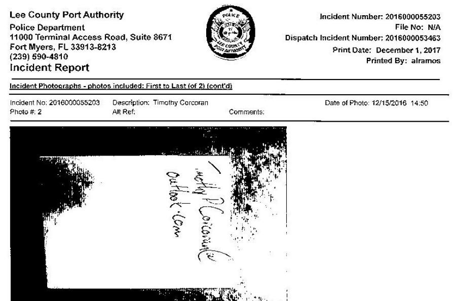 Lee Port Authority Police Report -- PROOF OF PERSONAL EMAIL BECAUSE AGENT FEARFUL EHI WOULD DISCOVER HIS COMMUNICATION WITH VICTIM