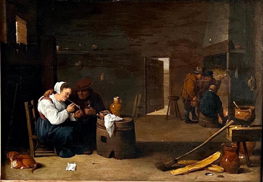 Oil on canvas painting attributed to David Teniers II (Dutch, 1610-1690), titled Tavern Interior with Woman Smoking and Man Drinking, signed “Teniers” (est. $20,000-$30,000).