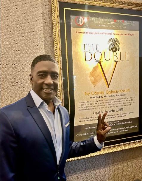 Award-winning Actor Idrees Degas takes on two roles, Clem and Frank, in The Double V stageplay running now at the Beverly O'Neill Theater within the Long Beach Convention & Entertainment Center. Photo credit: Platinum Star PR.