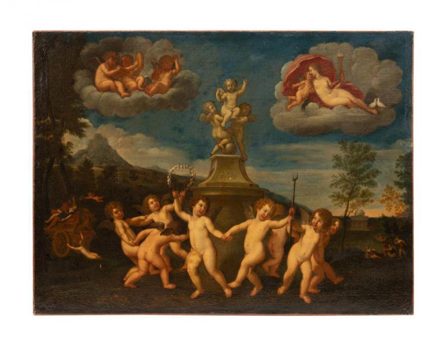 Unsigned 17th century oil on canvas painting from the workshop of Francesco Albani (Italian, 1578-1660), titled The Dance of Cupids, 29 ¾ inches by 39 ¾ inches minus frame (est. $8,000-$12,000).