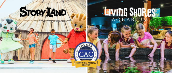 Image split into two sections showing children interacting with characters at Story Land on the left and children exploring exhibits at Living Shores Aquarium on the right, both locations displaying the IBCCES Certified Autism Center™ (CAC) logo.