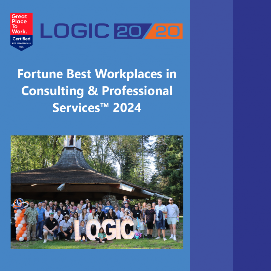 Image with the Logic20/20 logo and the Great Place To Work certification badge with white text reading: "Fortune Best Workplaces in Consulting & Professional Services™ 2024". The image is centered around a group photo from Logic20/20's annual summer picni