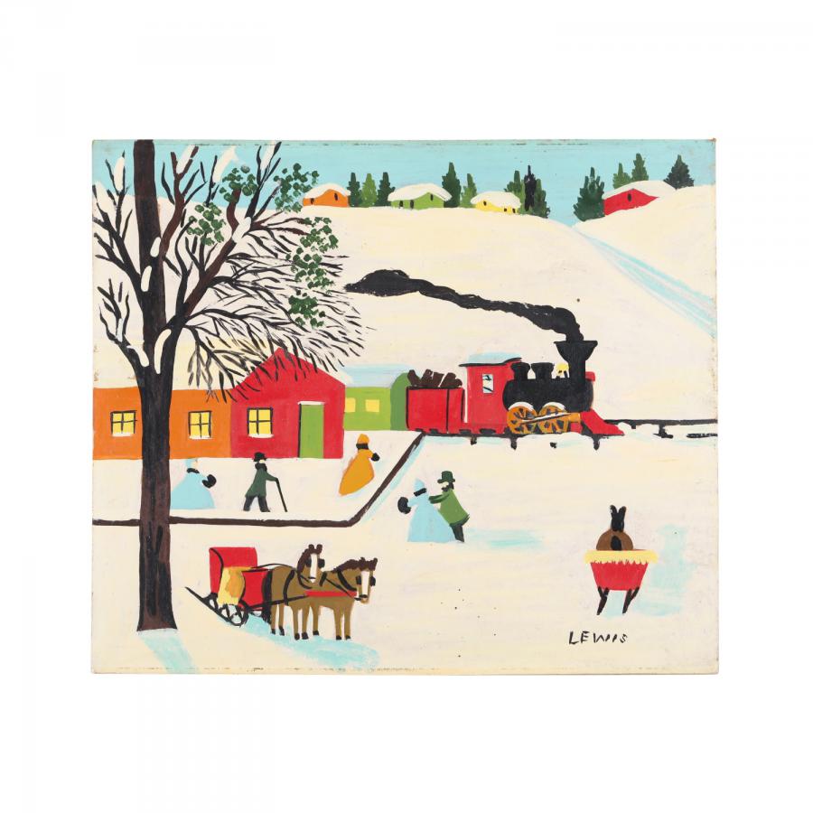 Oil on beaverboard painting by acclaimed Nova Scotia artist Maud Lewis (1901-1970), titled Train Station in Winter (circa 1960-1961), artist signed (est. CA$30,000-$40,000).