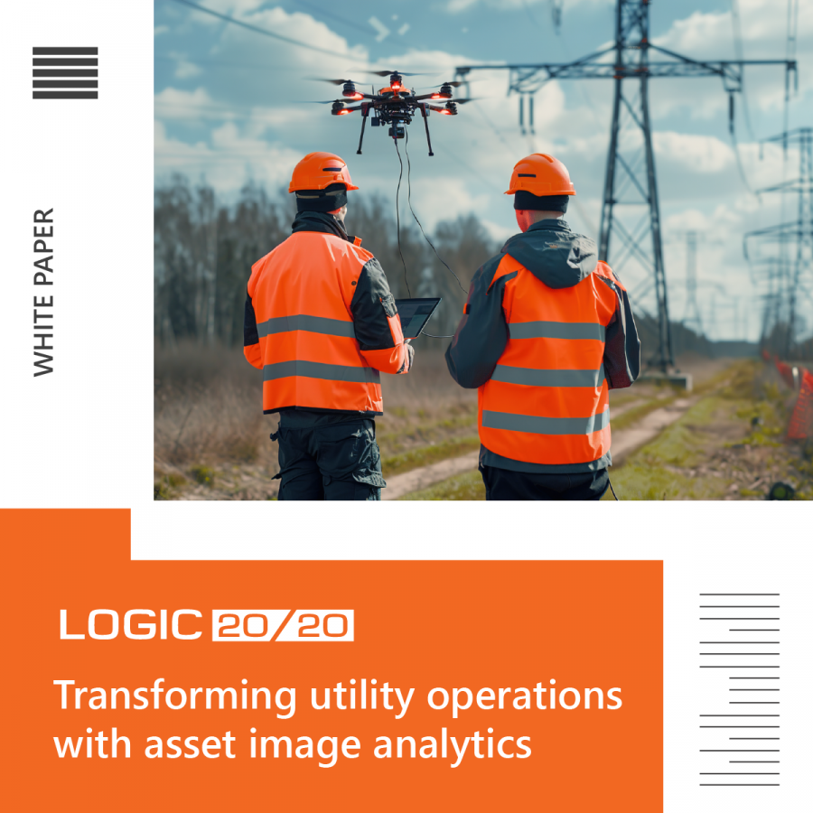 An image of two drone operators with the Logic20/20 logo and white paper title: Transforming utility operations with asset image analytics