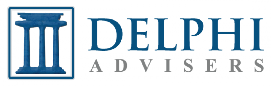 Blue Greek pillars on the left followed by the word Delphi in large blue font above the word advisors in smaller grey font.