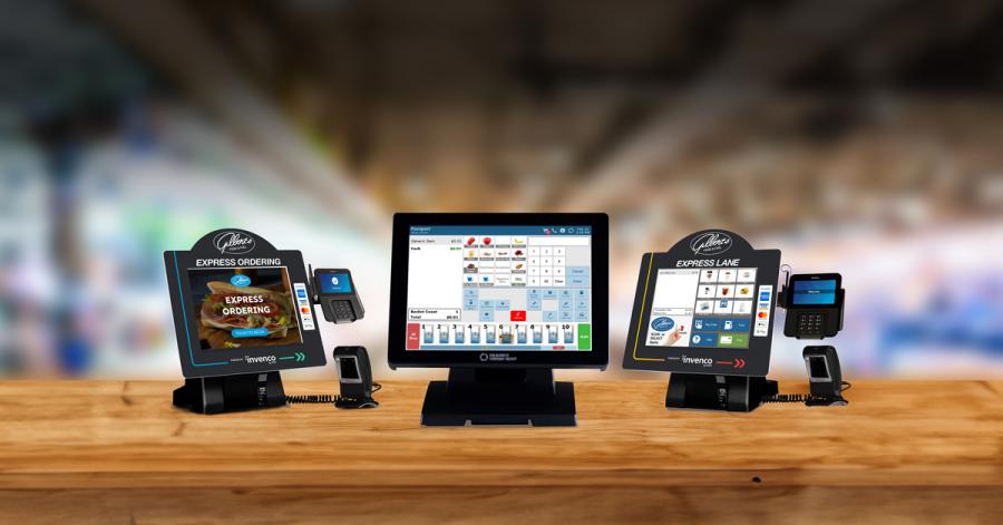 Photo of the Invenco by GVR Passport Enterprise POS family of devices on a counter in a convenience store