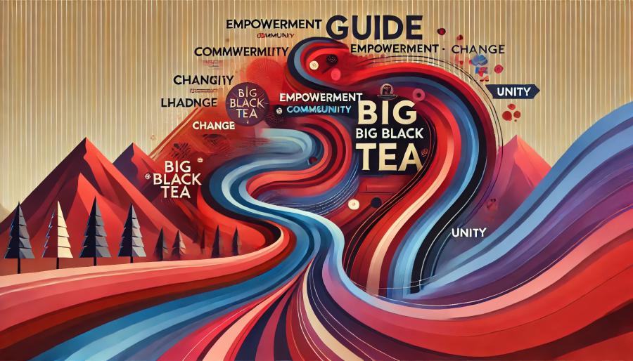 A landscape graphic featuring intertwined brands Guide and Big Black Tea with vibrant swirls of red, blue, and purple, symbolizing empowerment and change.