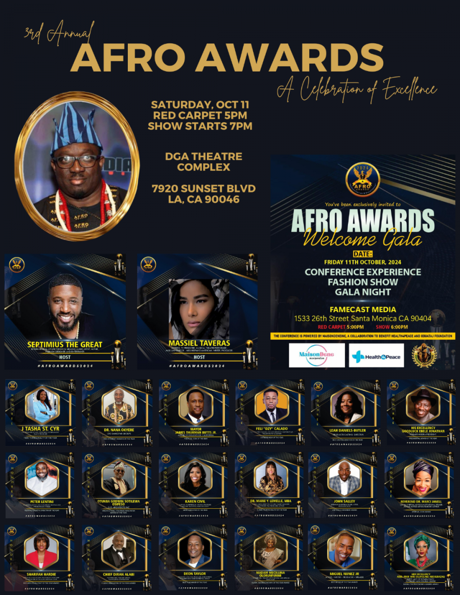 The Annual Afro Awards, on Saturday, October 12, 2024, will be held at the Directors Guild of America in Hollywood, California.