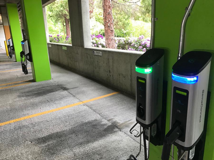 SemaConnect wall-mounted EV charging stations in parking garage
